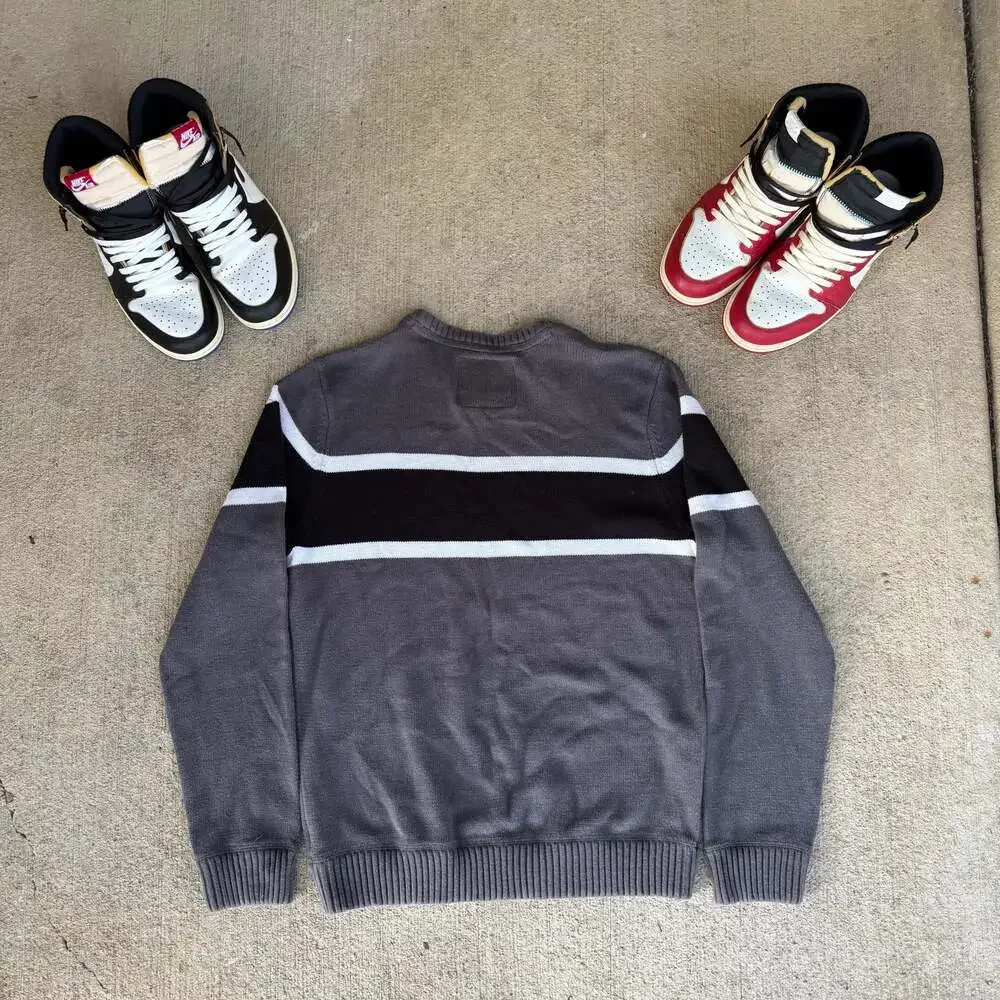 Aeropostale Men's Gray Black and White Striped Crewneck Knit Sweater XL
